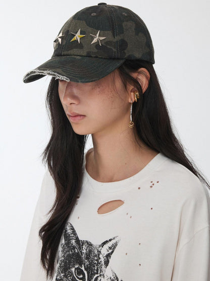 1JINN STUDIO Camouflage Washed Distressed Star Stud Deep Wide Brim Women&