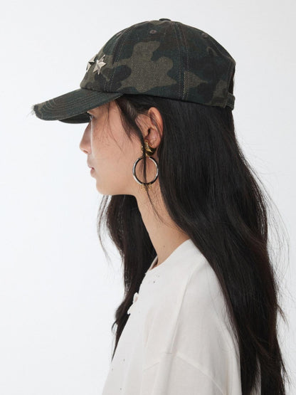 1JINN STUDIO Camouflage Washed Distressed Star Stud Deep Wide Brim Women&