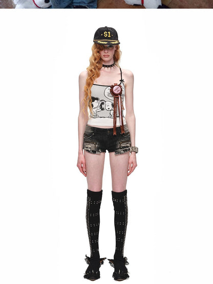 1JINN STUDIO Cartoon Comic Print Spaghetti Strap Fitted Slim Women&