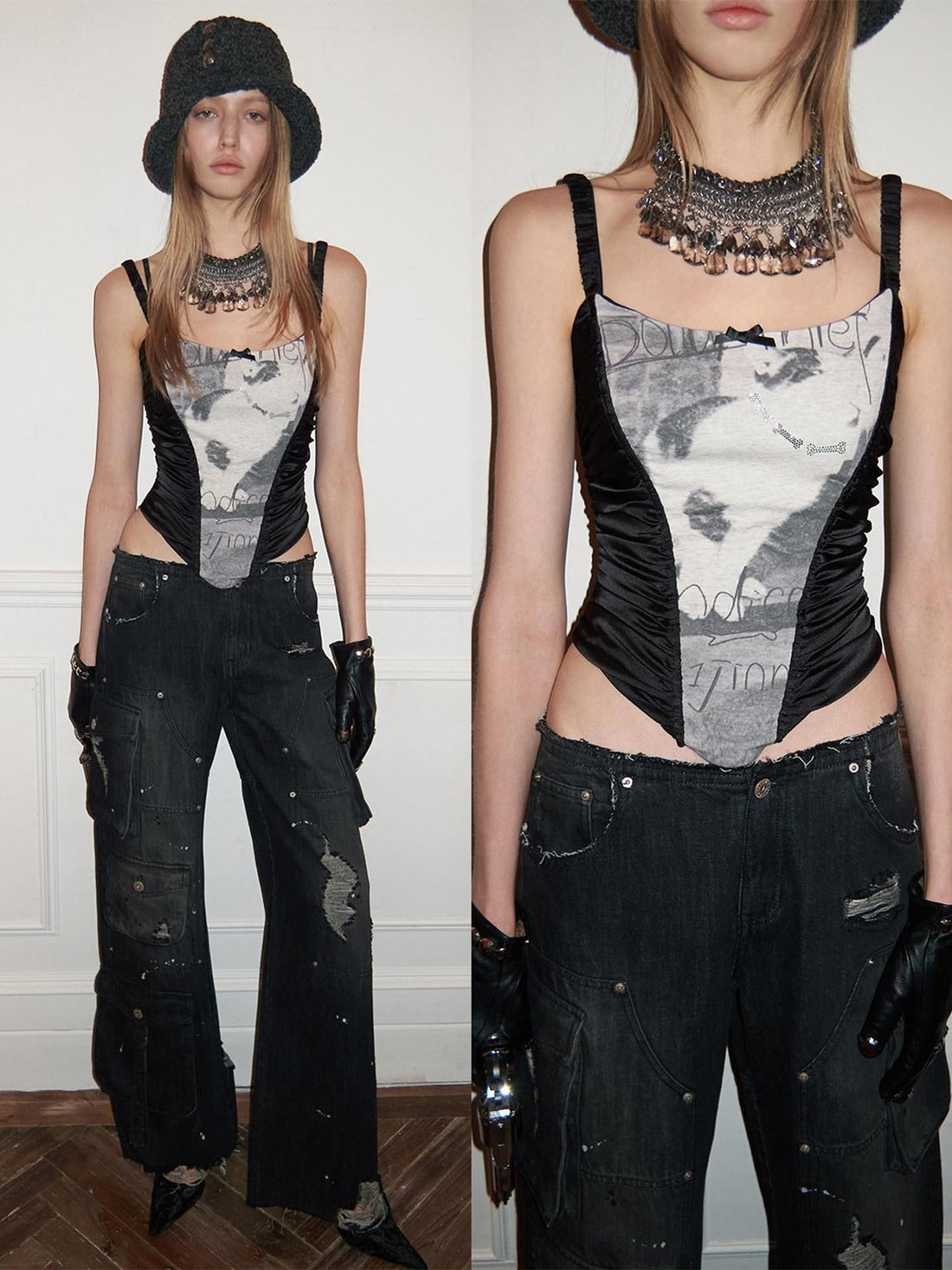 1JINN STUDIO Cat And Dog Print Slim Herringbone Splice Women&
