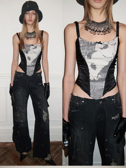 1JINN STUDIO Cat And Dog Print Slim Herringbone Splice Women&