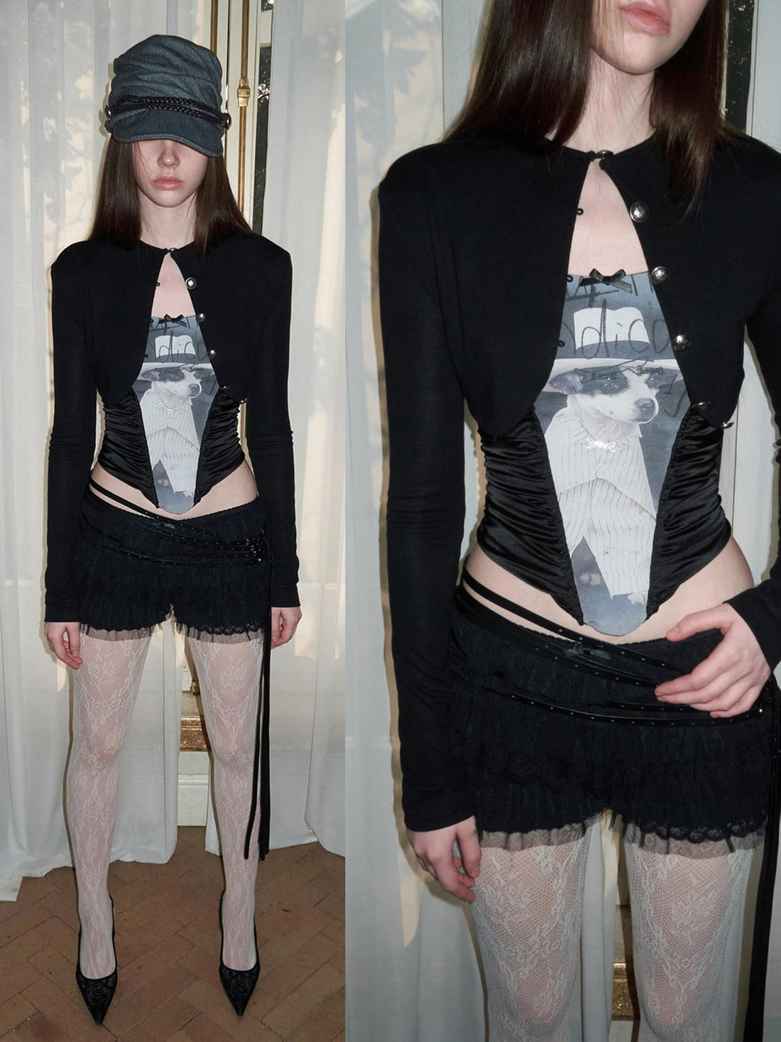 1JINN STUDIO Cat And Dog Print Slim Herringbone Splice Women&