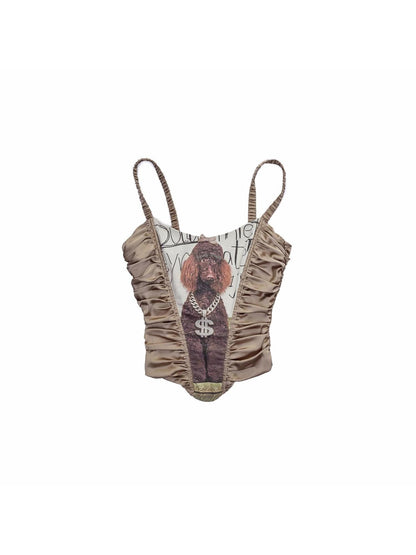 1JINN STUDIO Cat And Dog Print Slim Herringbone Splice Women&