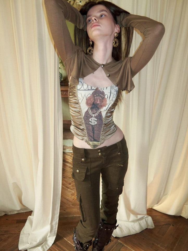 1JINN STUDIO Cat And Dog Print Slim Herringbone Splice Women&