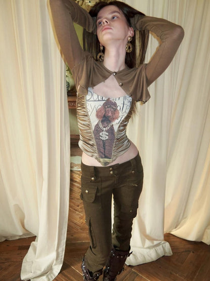 1JINN STUDIO Cat And Dog Print Slim Herringbone Splice Women&