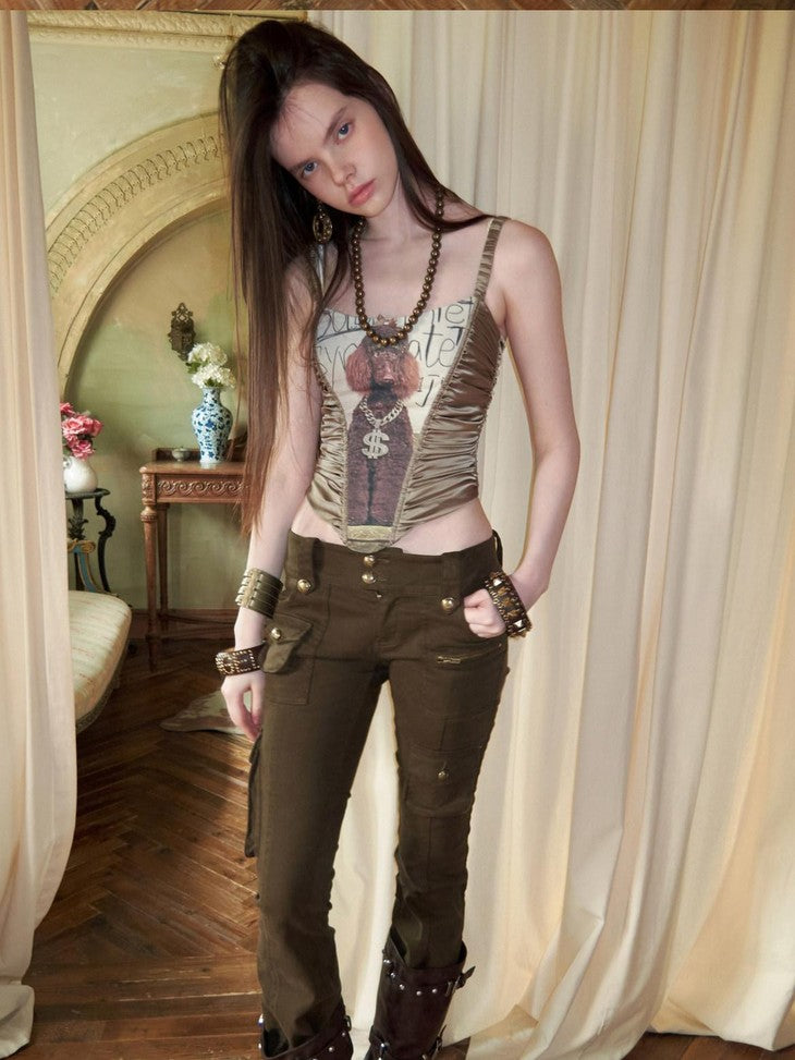 1JINN STUDIO Cat And Dog Print Slim Herringbone Splice Women&