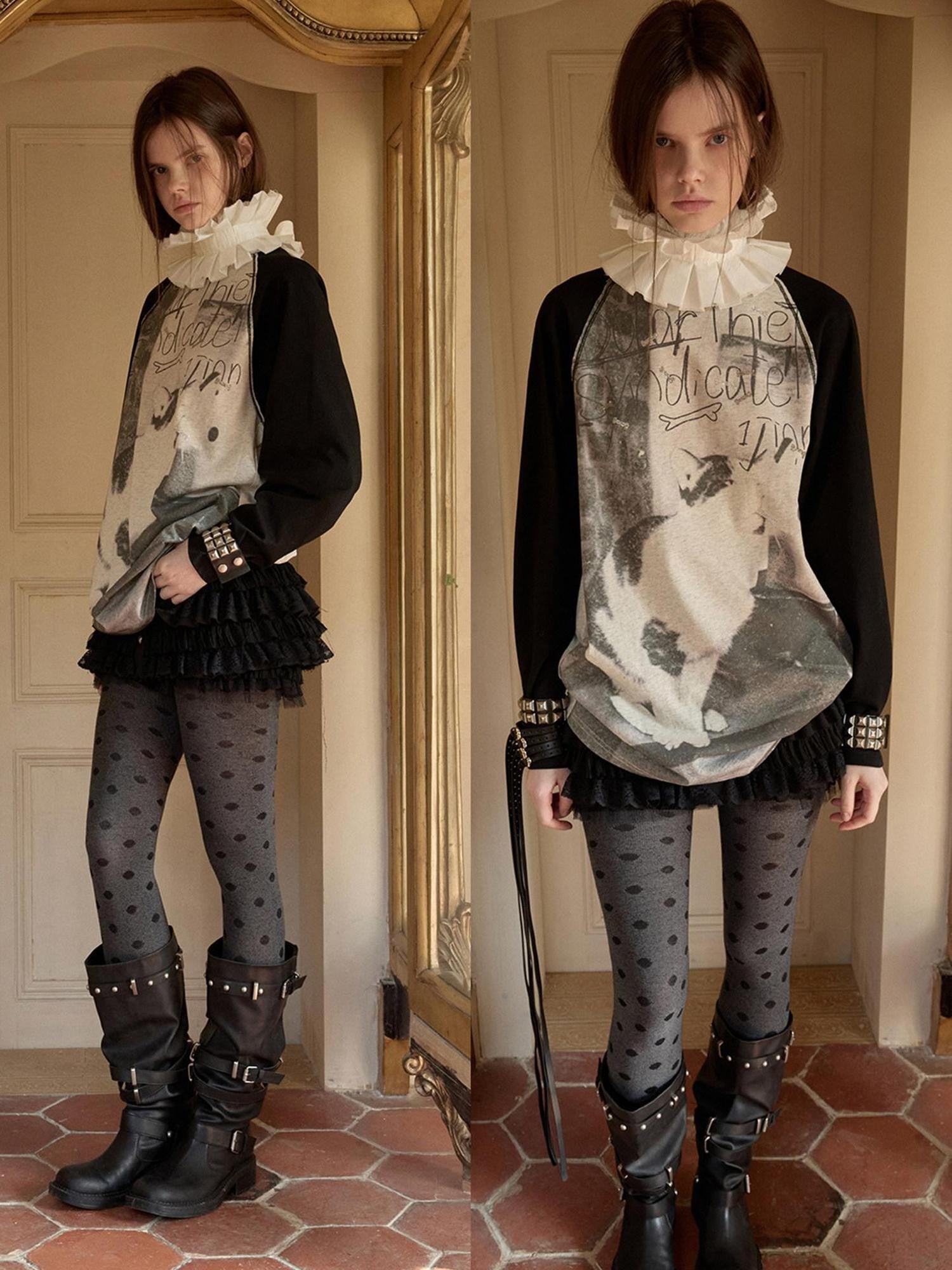 1JINN STUDIO Cat Dog Bone Motif Rhinestone Colorblock Raglan Women&