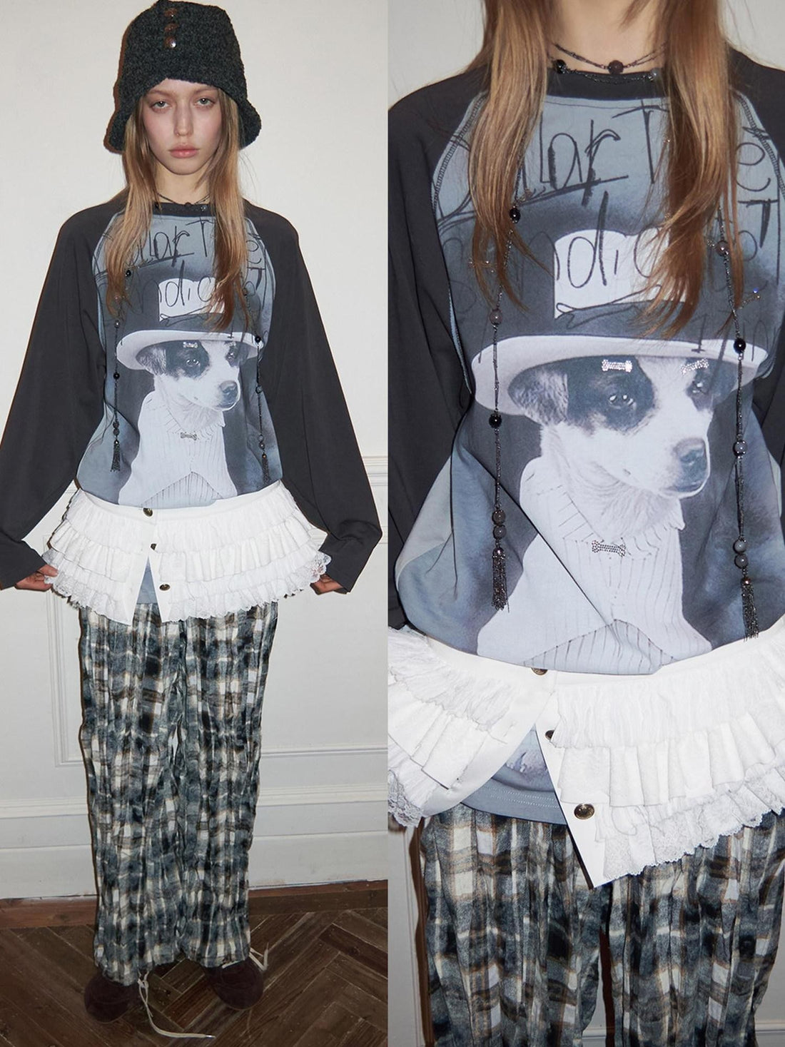 1JINN STUDIO Cat Dog Bone Motif Rhinestone Colorblock Raglan Women&