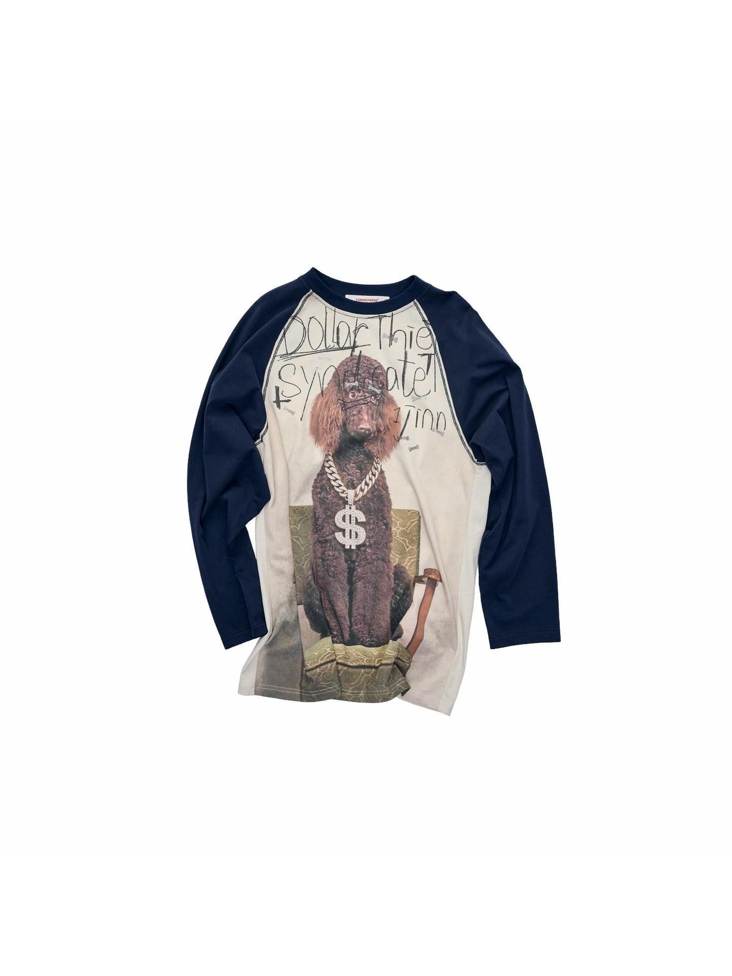 1JINN STUDIO Cat Dog Bone Motif Rhinestone Colorblock Raglan Women&
