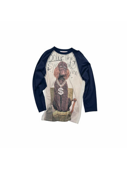 1JINN STUDIO Cat Dog Bone Motif Rhinestone Colorblock Raglan Women&