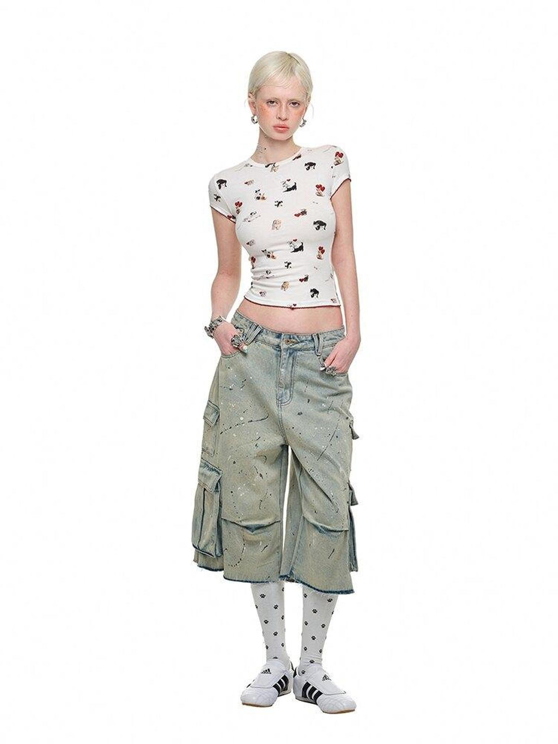 1JINN STUDIO Cat Dog Embroidered Washed Straight Low Rise Women&