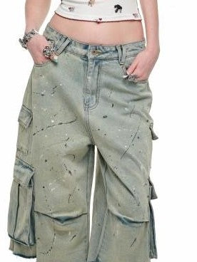 1JINN STUDIO Cat Dog Embroidered Washed Straight Low Rise Women&