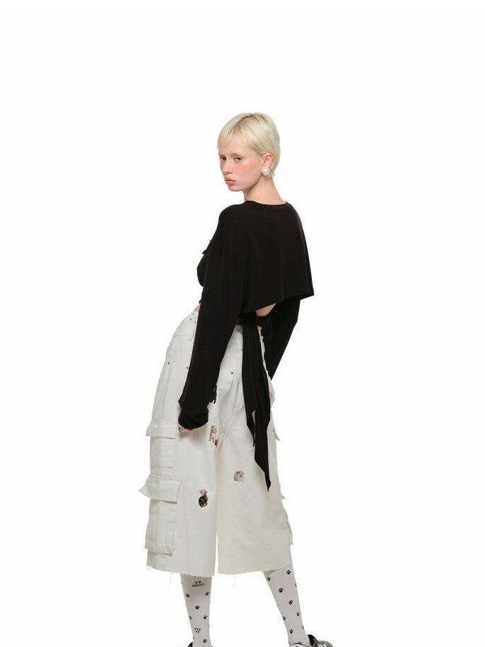 1JINN STUDIO Cat Dog Embroidered Washed Straight Low Rise Women&