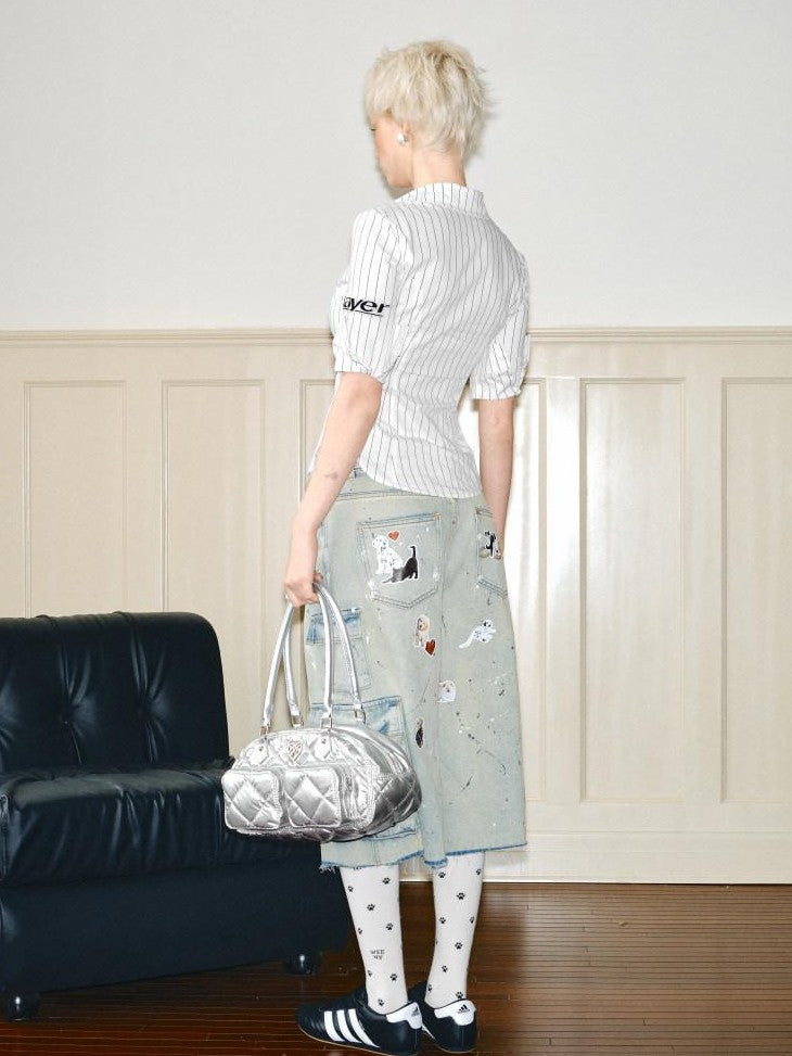 1JINN STUDIO Cat Dog Embroidered Washed Straight Low Rise Women&