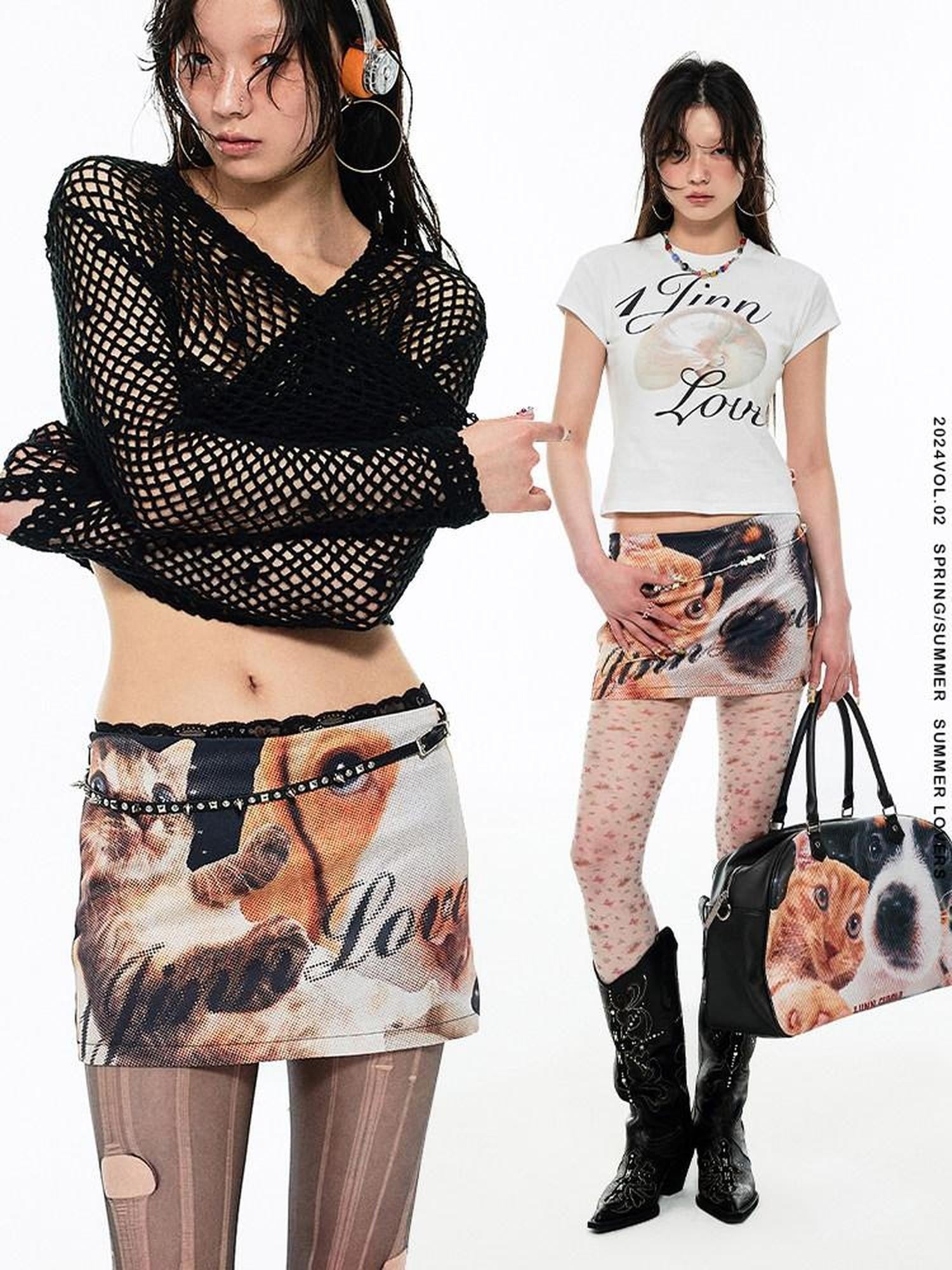 1JINN STUDIO Cat Dog Print Bodycon Low Waist Hip Hugging Women&