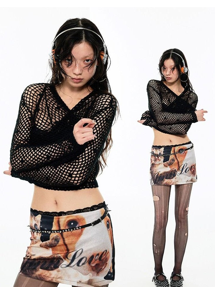 1JINN STUDIO Cat Dog Print Bodycon Low Waist Hip Hugging Women&