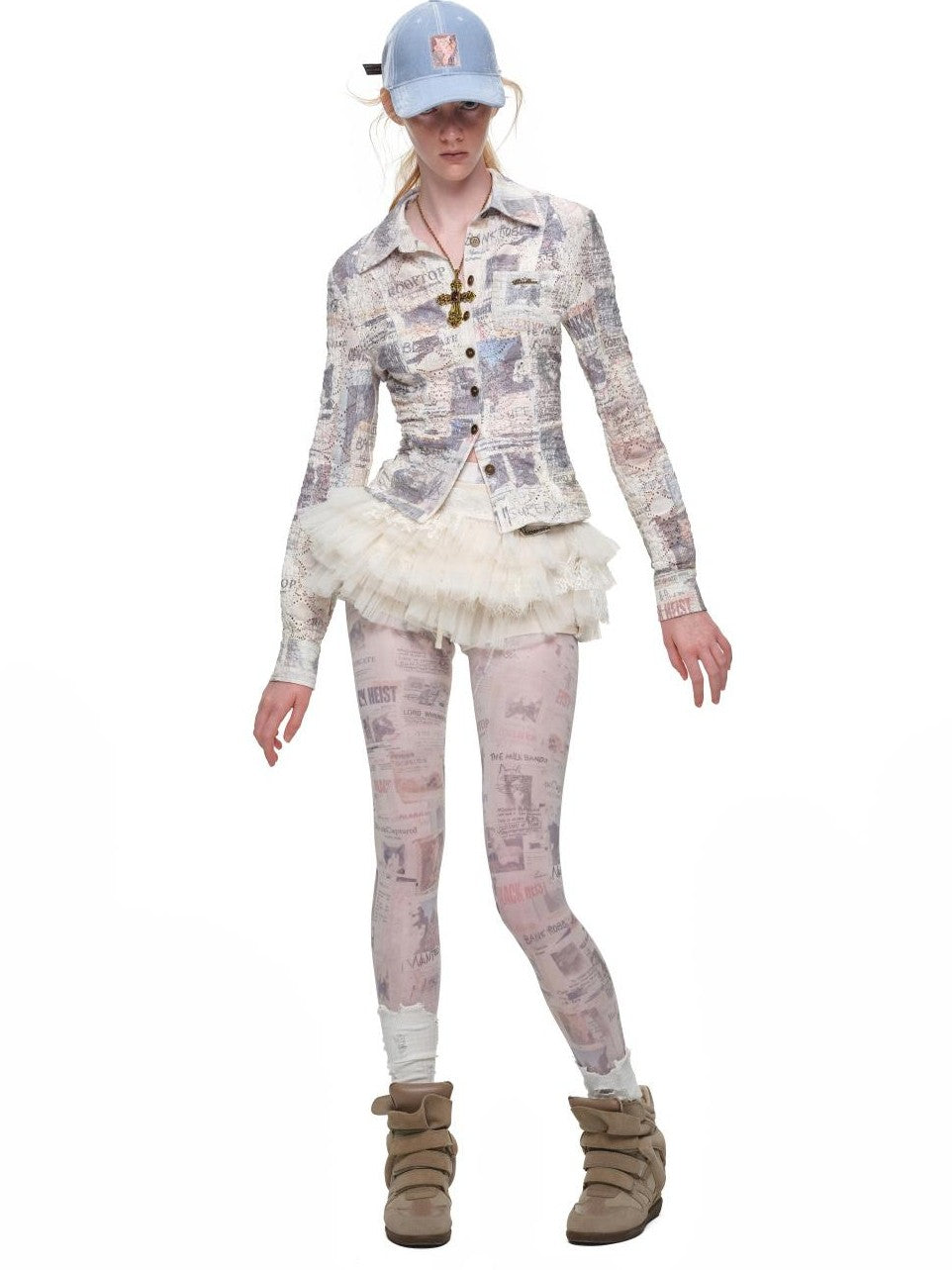 1JINN STUDIO Cat Newspaper Print Lace Trim Slim Fit Long Sleeve Women&