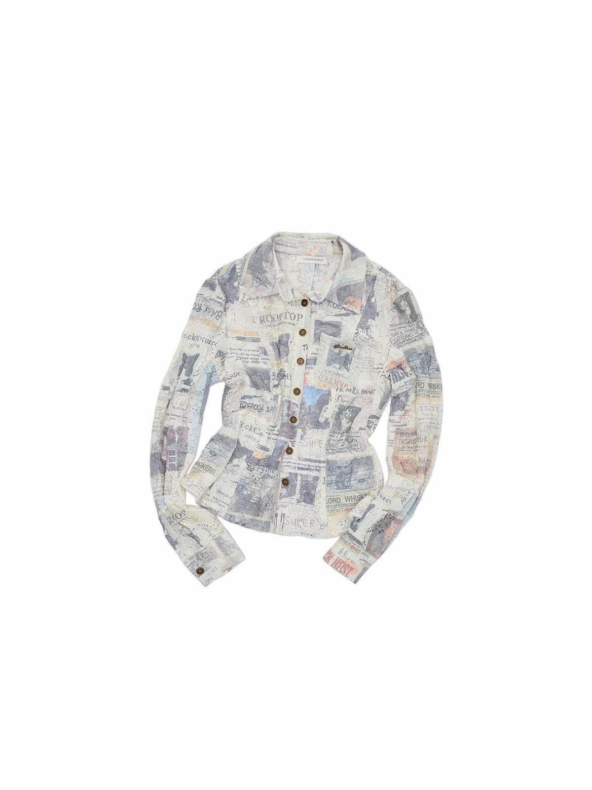 1JINN STUDIO Cat Newspaper Print Lace Trim Slim Fit Long Sleeve Women&