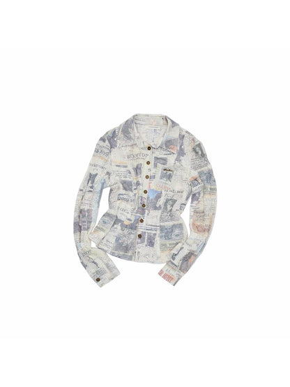 1JINN STUDIO Cat Newspaper Print Lace Trim Slim Fit Long Sleeve Women&