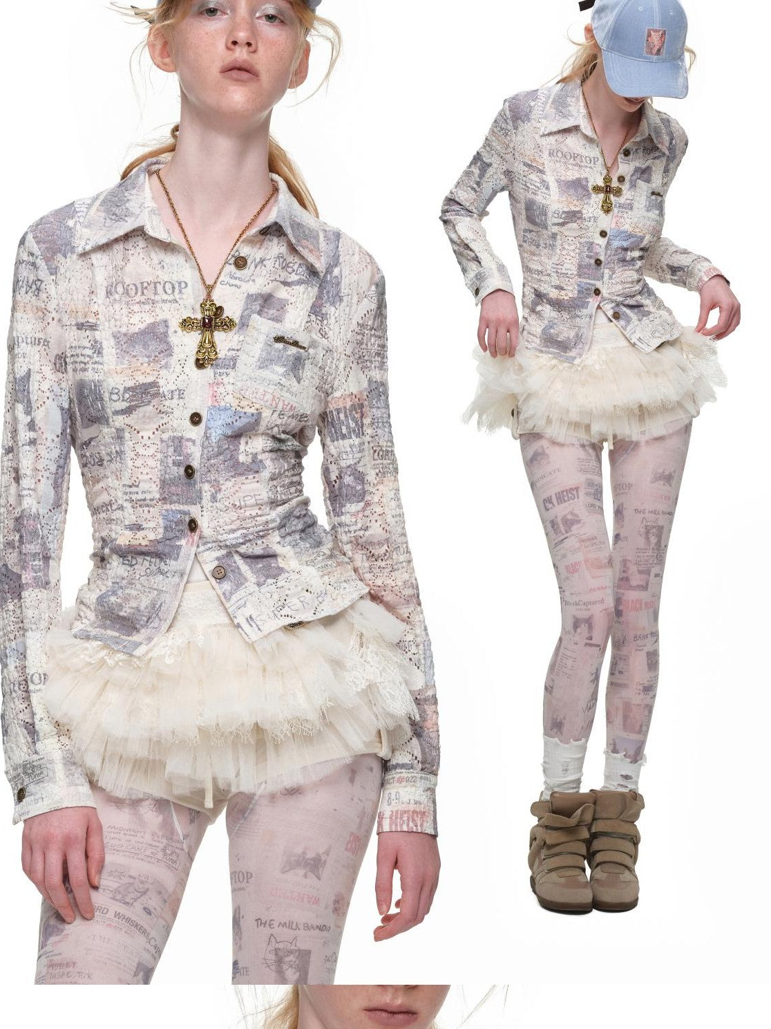 1JINN STUDIO Cat Newspaper Print Lace Trim Slim Fit Long Sleeve Women&
