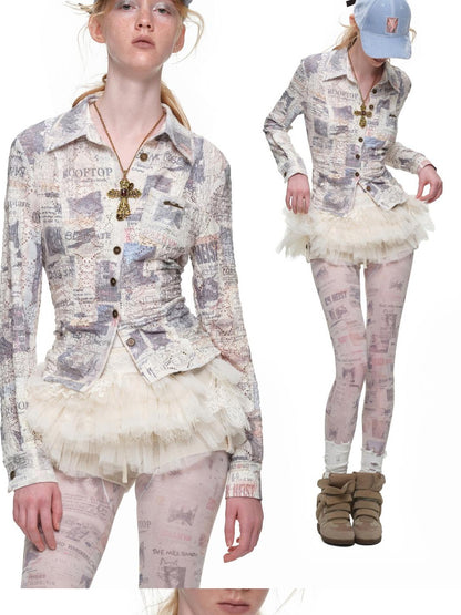 1JINN STUDIO Cat Newspaper Print Lace Trim Slim Fit Long Sleeve Women&