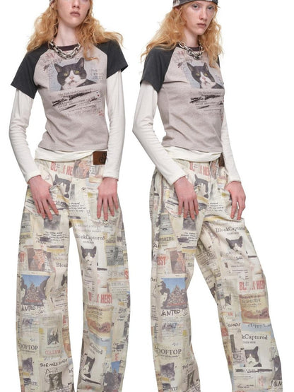 1JINN STUDIO Cat Newspaper Print Straight Leg Cotton Women&