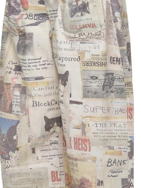 1JINN STUDIO Cat Newspaper Print Straight Leg Cotton Women&