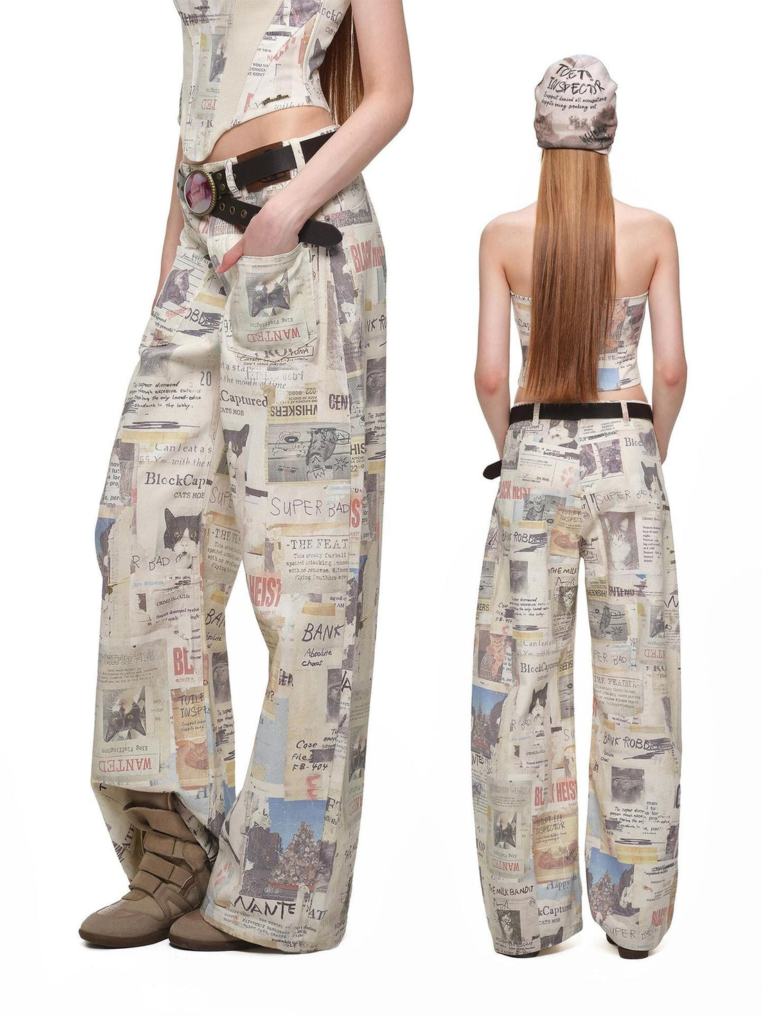 1JINN STUDIO Cat Newspaper Print Straight Leg Cotton Women&