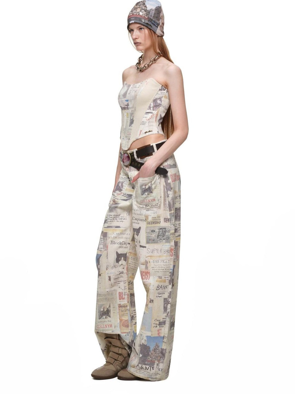 1JINN STUDIO Cat Newspaper Print Straight Leg Cotton Women&