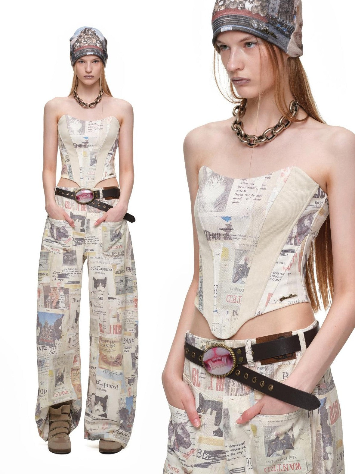 1JINN STUDIO Cat Newspaper Print Straight Leg Cotton Women&