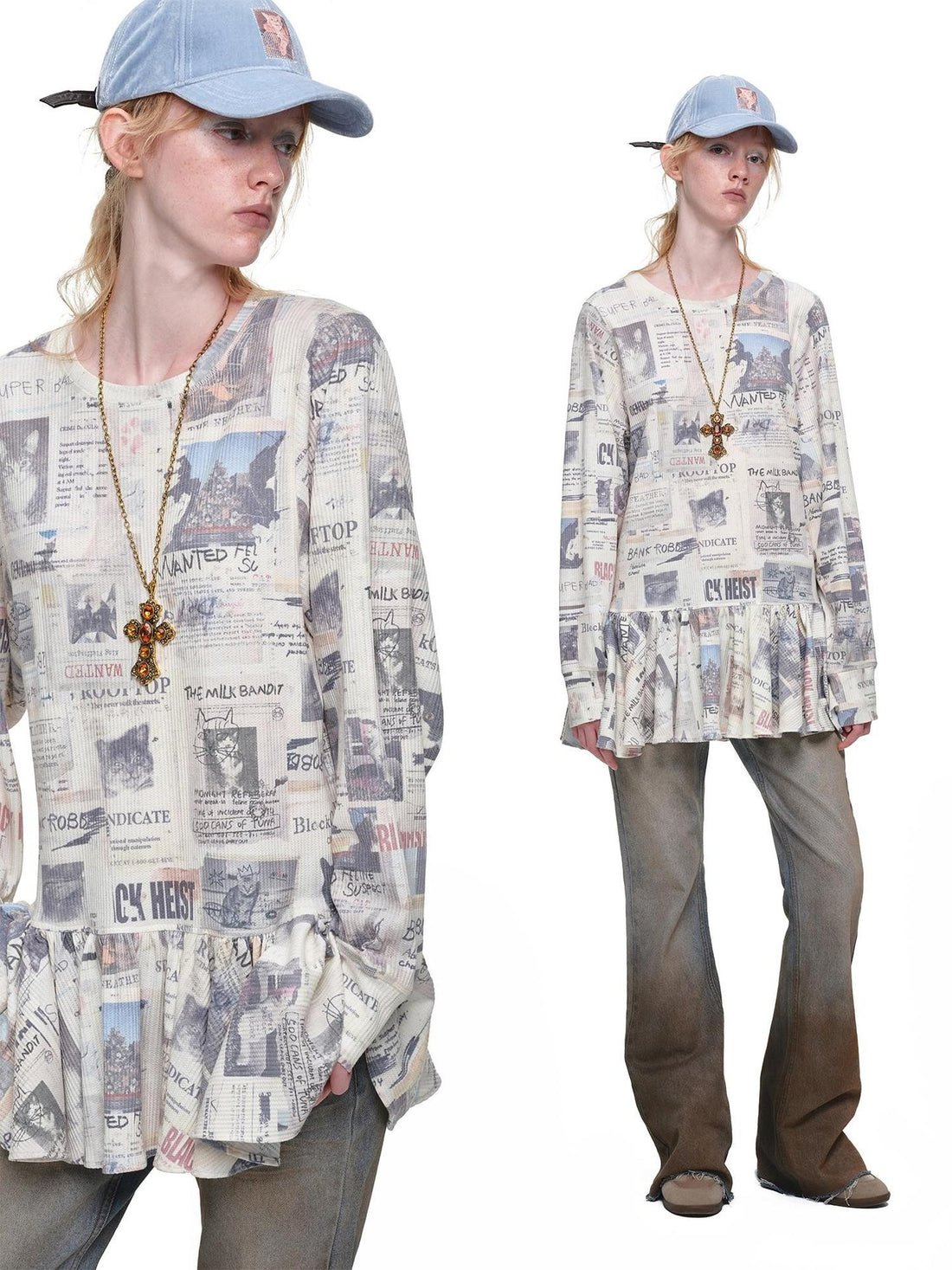 1JINN STUDIO Cat Newspaper Print Waffle Ruffle Trim Women&