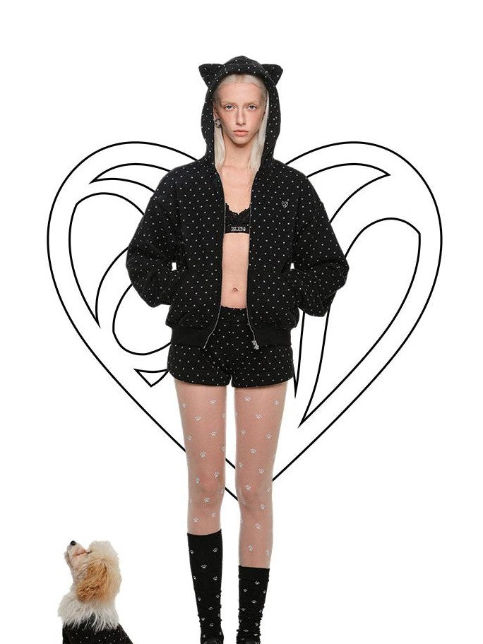 1JINN STUDIO Cat Paw Polka Dot Hooded Zip Cardigan Women&