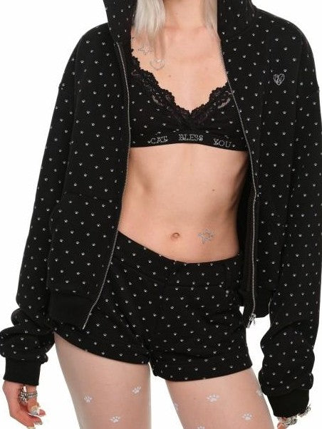 1JINN STUDIO Cat Paw Polka Dot Hooded Zip Cardigan Women&