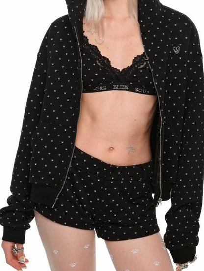 1JINN STUDIO Cat Paw Polka Dot Hooded Zip Cardigan Women&