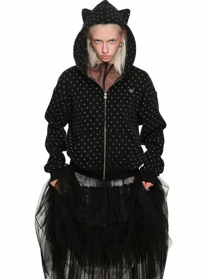 1JINN STUDIO Cat Paw Polka Dot Hooded Zip Cardigan Women&