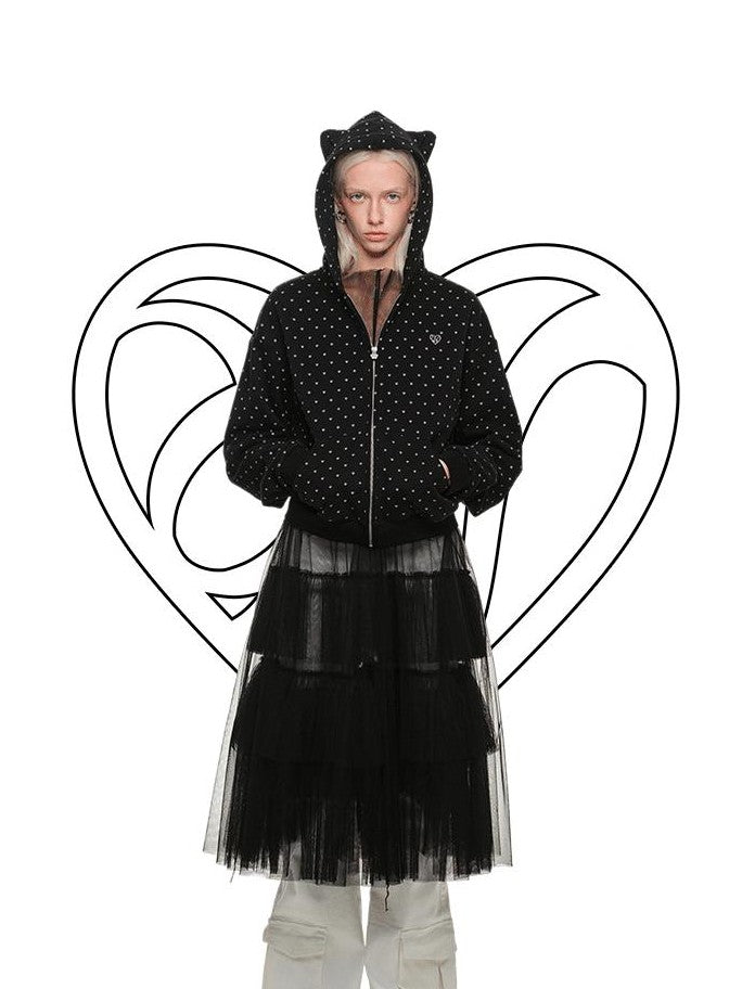1JINN STUDIO Cat Paw Polka Dot Hooded Zip Cardigan Women&