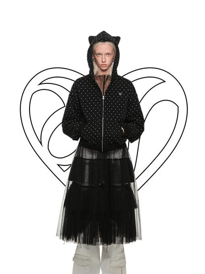 1JINN STUDIO Cat Paw Polka Dot Hooded Zip Cardigan Women&