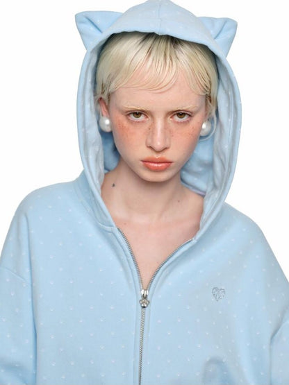 1JINN STUDIO Cat Paw Polka Dot Hooded Zip Cardigan Women&
