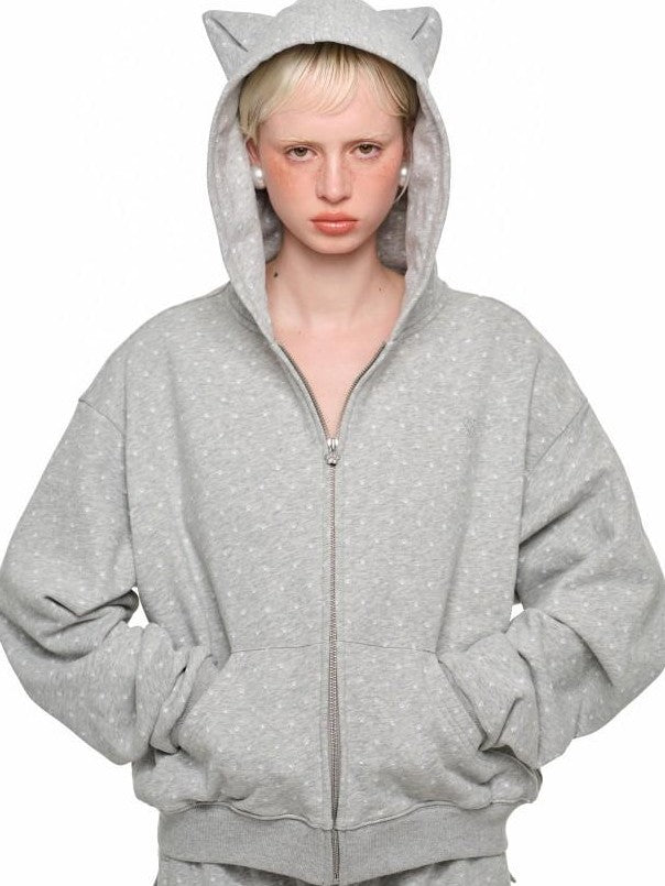 1JINN STUDIO Cat Paw Polka Dot Hooded Zip Cardigan Women&