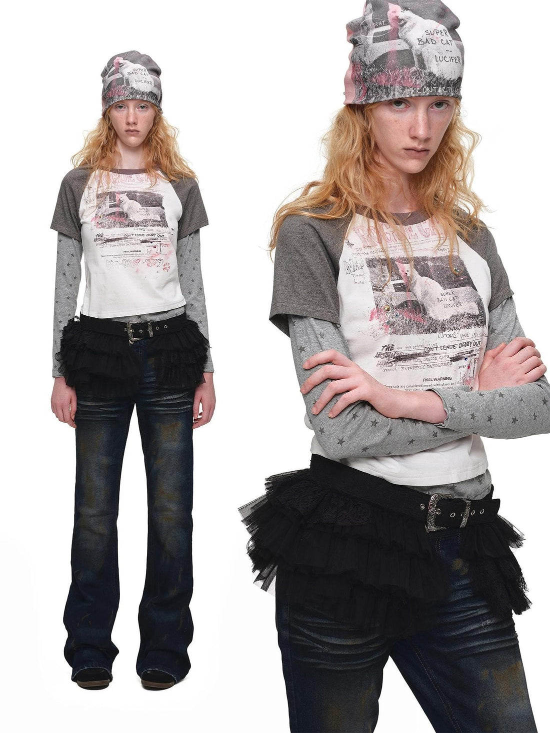 1JINN STUDIO Cat Print Color Block Raglan Sleeve Women&