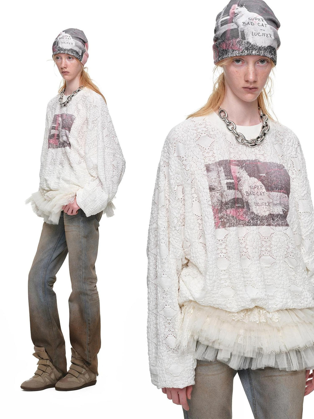 1JINN STUDIO Cat Print Crewneck Loose Pullover Women&