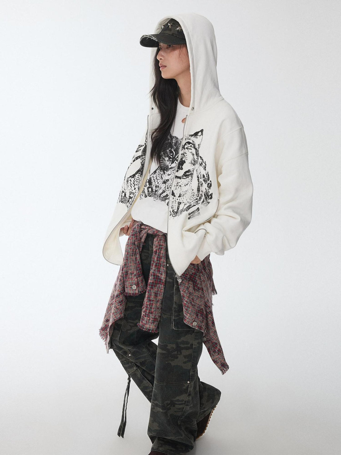 1JINN STUDIO Cat Print Double Zipper Drop Shoulder Women&
