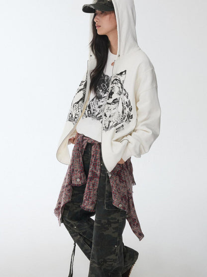 1JINN STUDIO Cat Print Double Zipper Drop Shoulder Women&