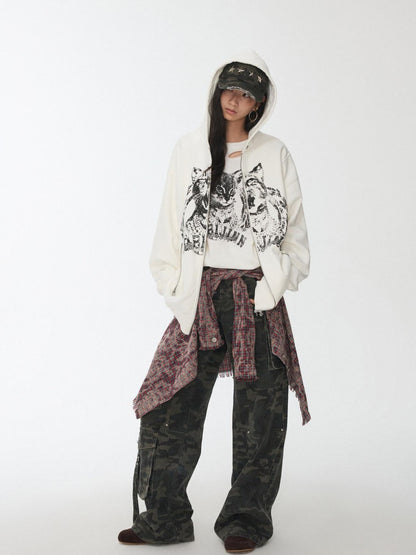 1JINN STUDIO Cat Print Double Zipper Drop Shoulder Women&
