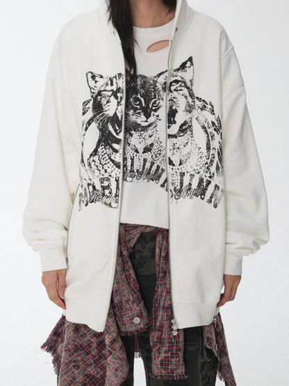 1JINN STUDIO Cat Print Double Zipper Drop Shoulder Women&