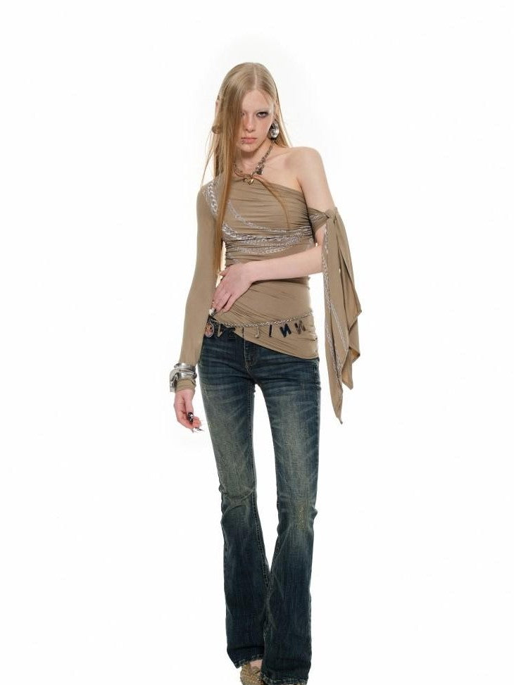 1JINN STUDIO Chain Print French One Shoulder Ribbon Off Shoulder Women&