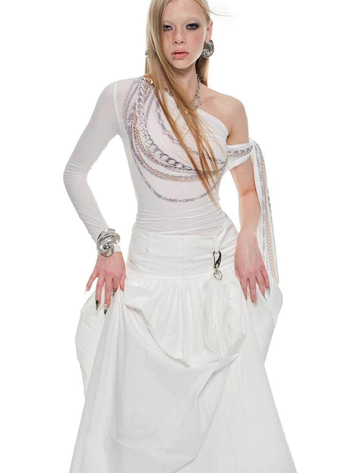 1JINN STUDIO Chain Print French One Shoulder Ribbon Off Shoulder Women&