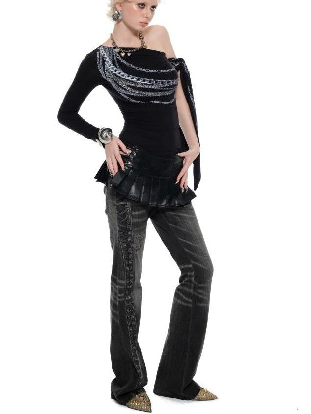 1JINN STUDIO Chain Print French One Shoulder Ribbon Off Shoulder Women&