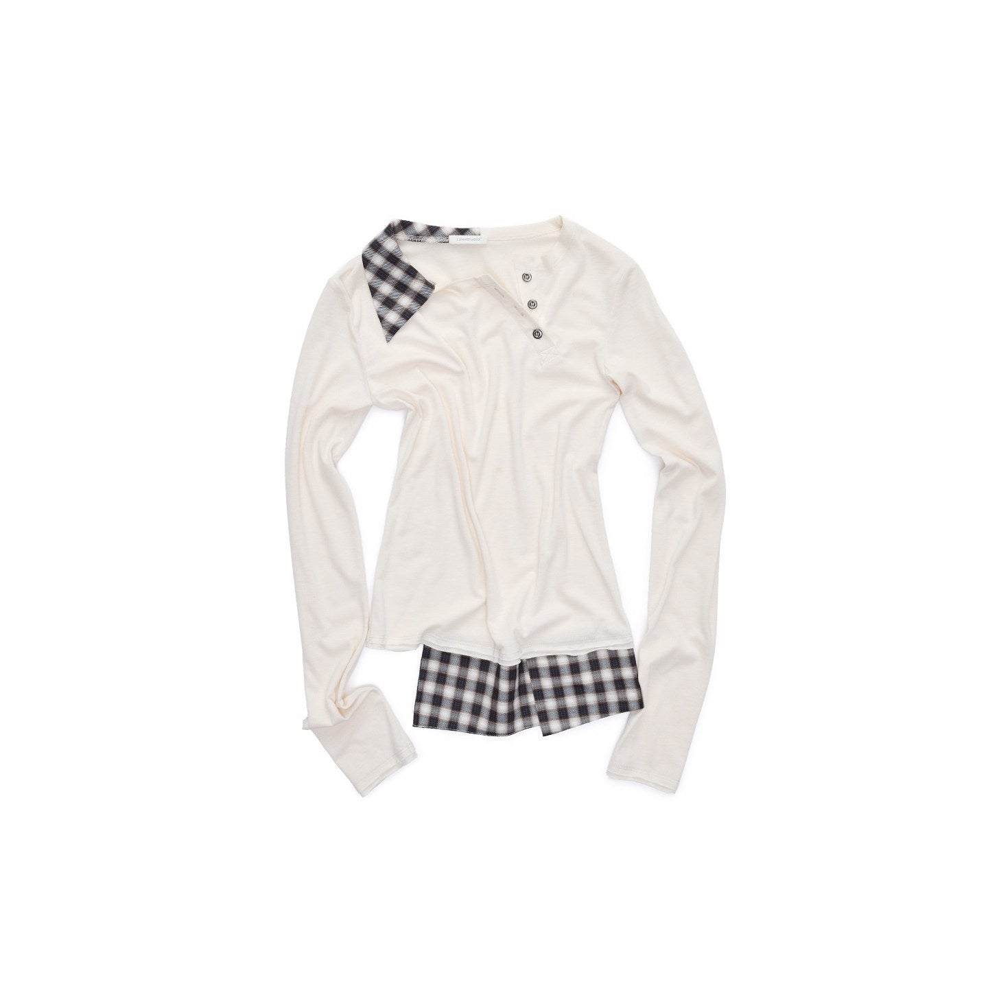 1JINN_STUDIO_Check_Asymmetric_Henley_Patch_Faux_Layered_Women&