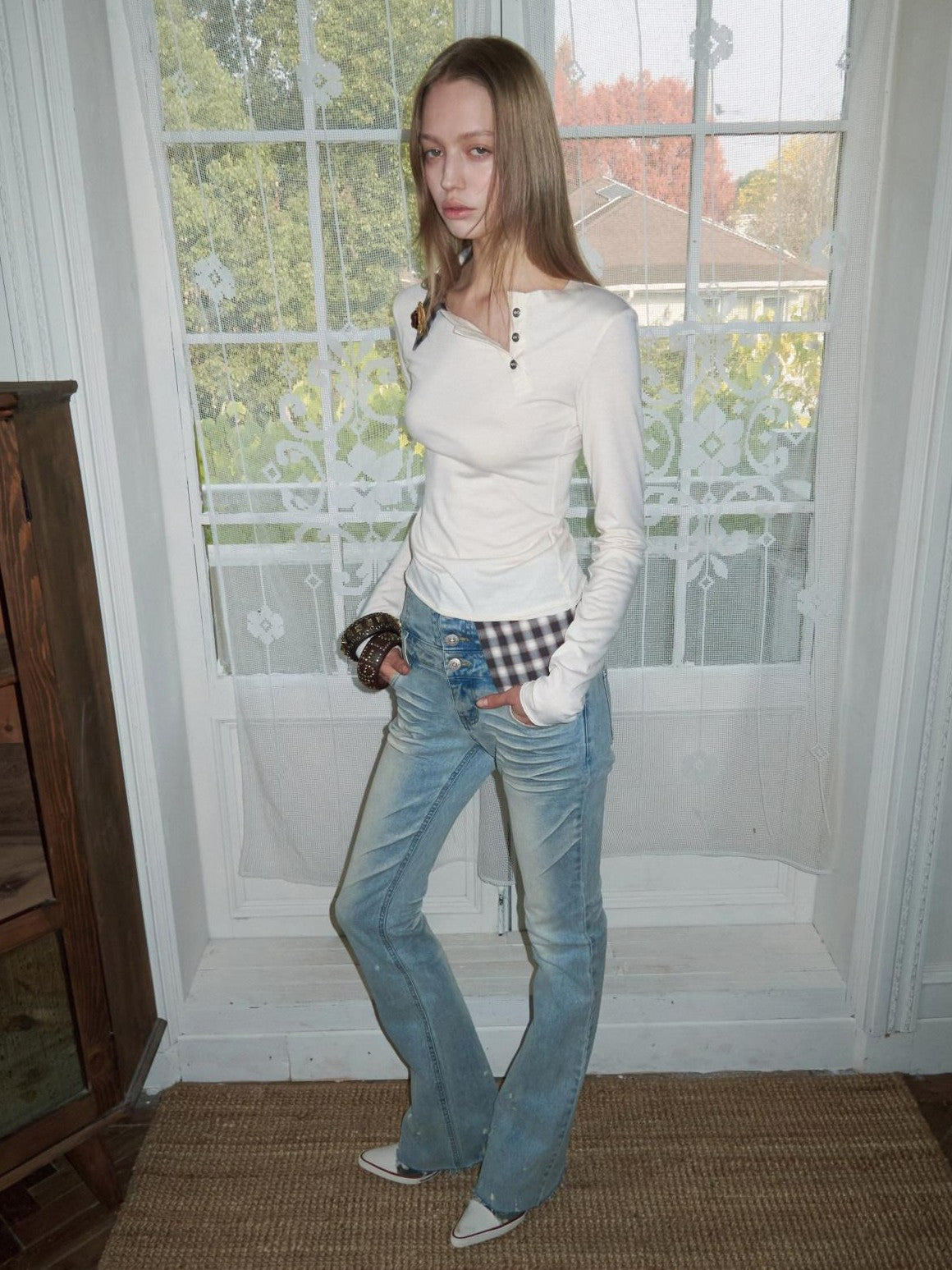 1JINN STUDIO Check Asymmetric Henley Patch Faux Layered Women&